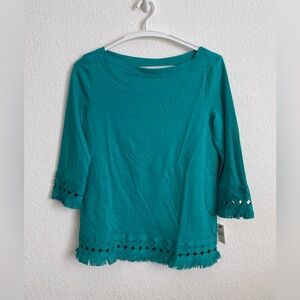 TALBOTS Pima Cotton Boho Fringe Shirt Top Teal Green Size P NWT
